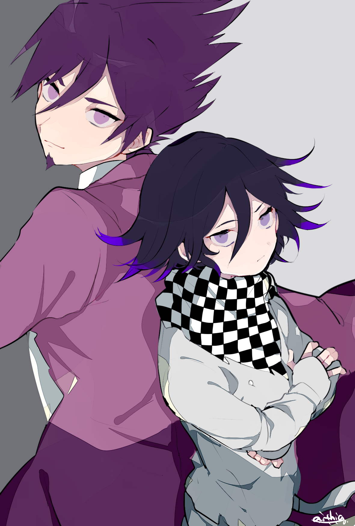 abrtskrg harukk, momota kaito, oma kokichi, danganronpa (series), danganronpa v3: killing harmony, commentary request, highres, 2boys, back-to-back, black hair, buttons, checkered clothes, checkered scarf, crossed arms, facial hair, flipped hair, goatee, grey background, hair between eyes, height difference, jacket, long sleeves, looking at viewer, male focus, multiple boys, purple eyes, purple facial hair, purple hair, scarf, serious, short hair, signature, smile, spiked hair, two-tone scarf, upper body