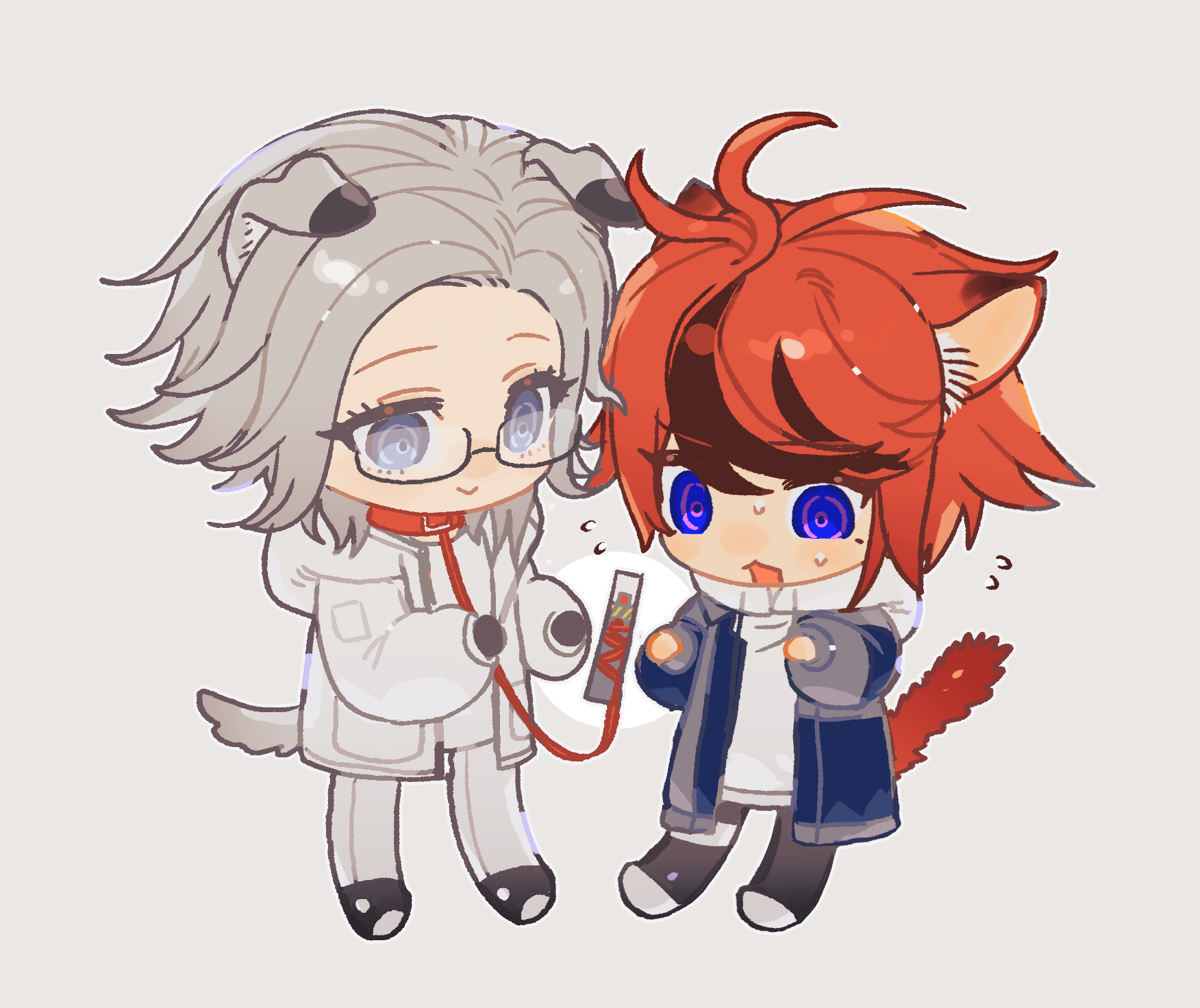 aotsuki eito, sumino takumi, the hundred line -last defense academy-, chinese commentary, commentary, highres, 2boys, :>, ahoge, animal ears, black gloves, black pants, black streaks, blue eyes, blue jacket, cat boy, cat ears, cat tail, chibi, chibi only, collar, dog boy, dog ears, dog tail, floating, floating object, flying sweatdrops, full body, glasses, gloves, grey hair, grey jacket, hood, hoodie, jacket, jacket over hoodie, kemonomimi mode, leash, looking at another, male focus, multicolored hair, multicolored jacket, multiple boys, open clothes, open jacket, open mouth, pants, purple eyes, red button, red collar, red hair, ringed eyes, shirt, short hair, simple background, streaked hair, sweat, syuu 1125, tail, two-tone jacket, white background, white hoodie, white jacket, white pants, white shirt