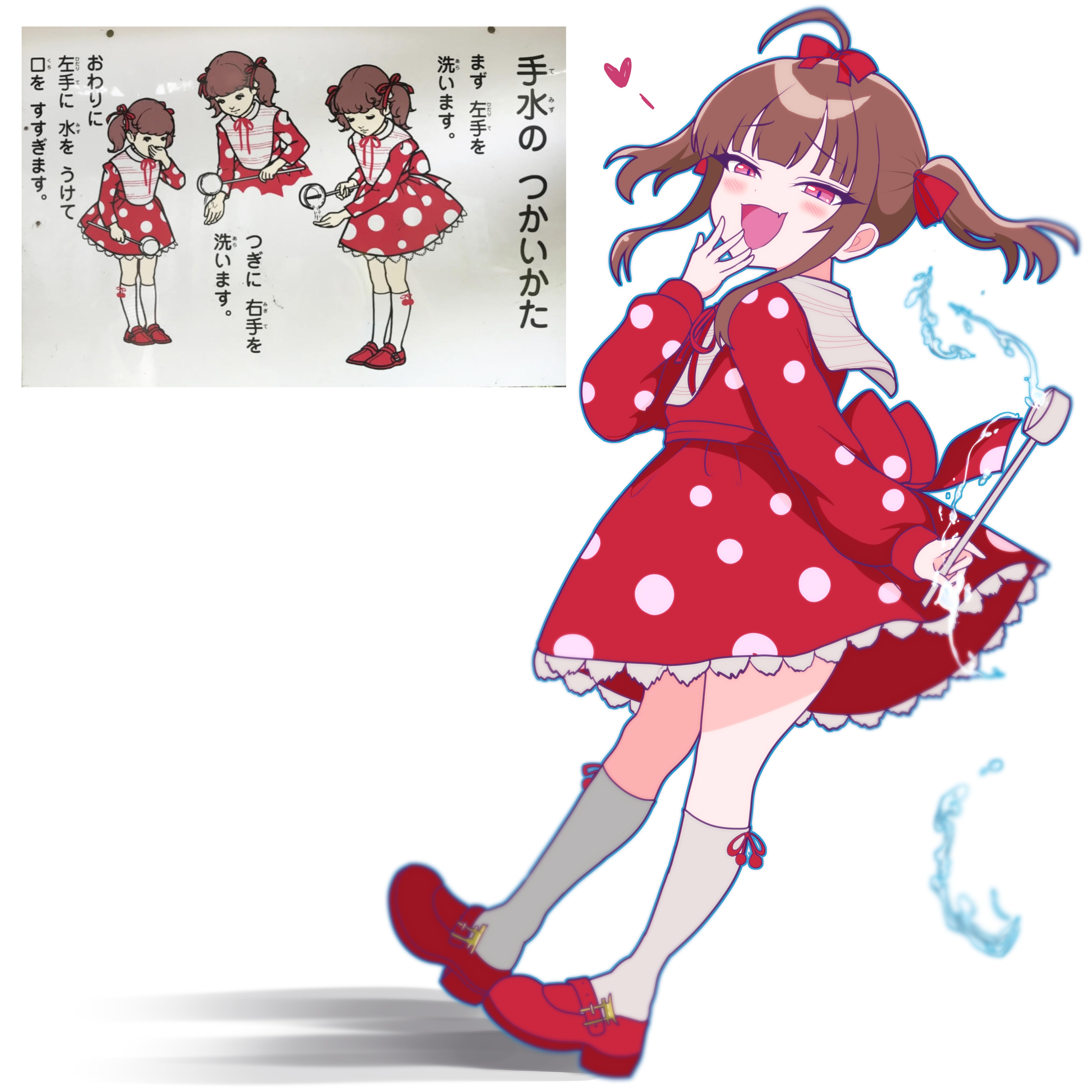 jamilsaga, original, absurdres, highres, 1girl, ahoge, bag, bow, brown hair, dress, hair bow, heart, kneehighs, multiple views, open mouth, panties, polka dot, polka dot background, polka dot bow, polka dot dress, polka dot panties, polka dot skirt, polka dot swimsuit, red bow, red dress, shoes, short twintails, skirt, smile, socks, swimsuit, twintails, underwear