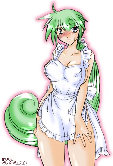 marino (mega man), capcom, mega man (series), mega man x (series), 1girl, apron, blush, breasts, curvy, female focus, green hair, large breasts, maid, maid apron, solo