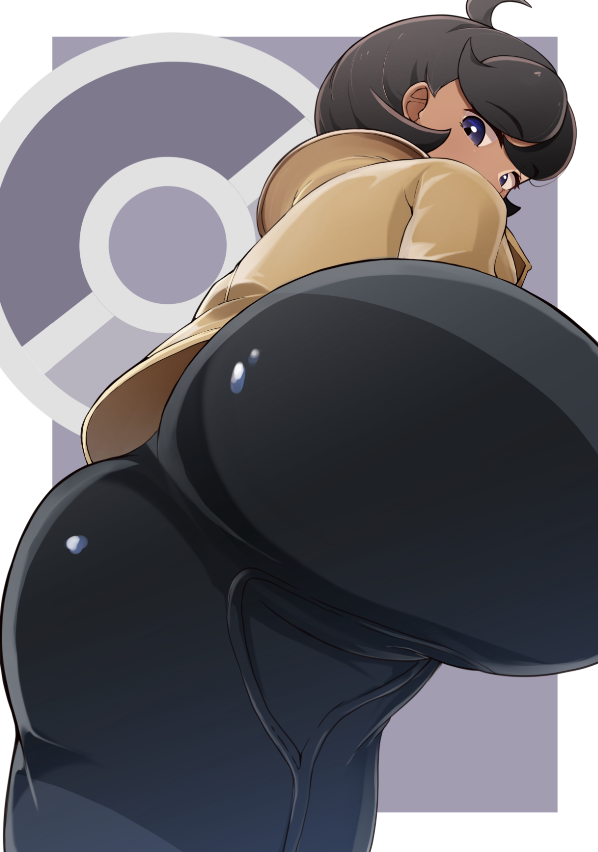 mashiroshiro, emma (pokemon), nintendo, pokemon, pokemon legends: z-a, commentary request, highres, 1girl, aged up, ass, ass focus, black bodysuit, black hair, bodysuit, bodysuit under clothes, brown jacket, cowlick, dark-skinned female, dark skin, from below, hair between eyes, jacket, latex, latex bodysuit, long sleeves, looking at viewer, poke ball symbol, purple eyes, short hair, sidelocks, solo, standing, swept bangs