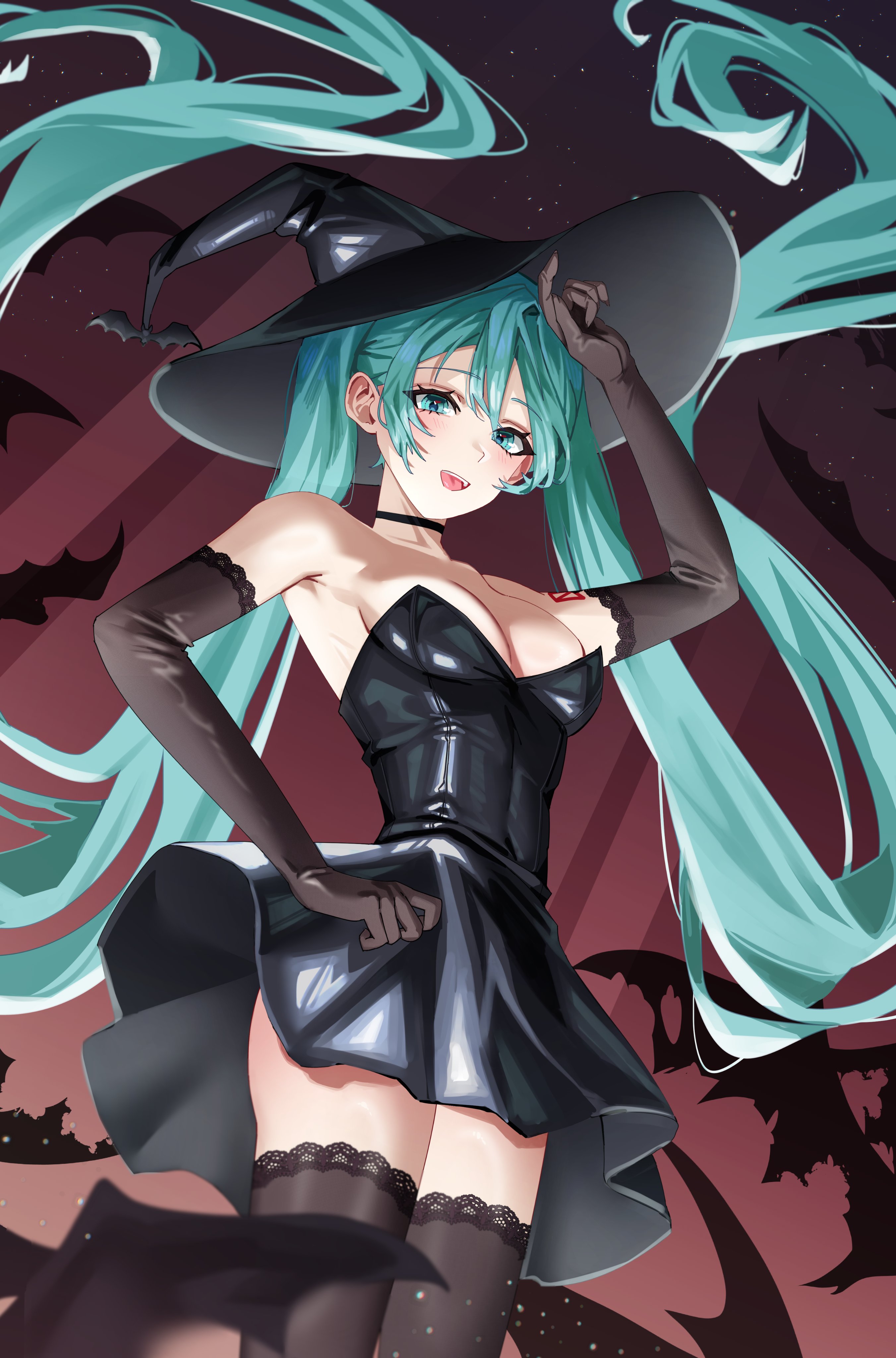 trixie (trixiex33), hatsune miku, vocaloid, absurdres, commentary, english commentary, highres, 1girl, :d, aqua eyes, aqua hair, arm tattoo, armpit crease, ass peek, bat (animal), black choker, black dress, black gloves, black hat, black thighhighs, breasts, choker, cleavage, cowboy shot, dress, elbow gloves, floating hair, from below, gloves, hair between eyes, halloween, halloween costume, hand up, hat, lace, lace-trimmed gloves, lace-trimmed thighhighs, lace trim, large hat, latex, latex dress, long hair, looking at viewer, medium breasts, number tattoo, open mouth, smile, solo, star (sky), starry sky background, tattoo, teeth, thighhighs, tongue, twintails, upper teeth only, very long hair, witch hat, zettai ryouiki