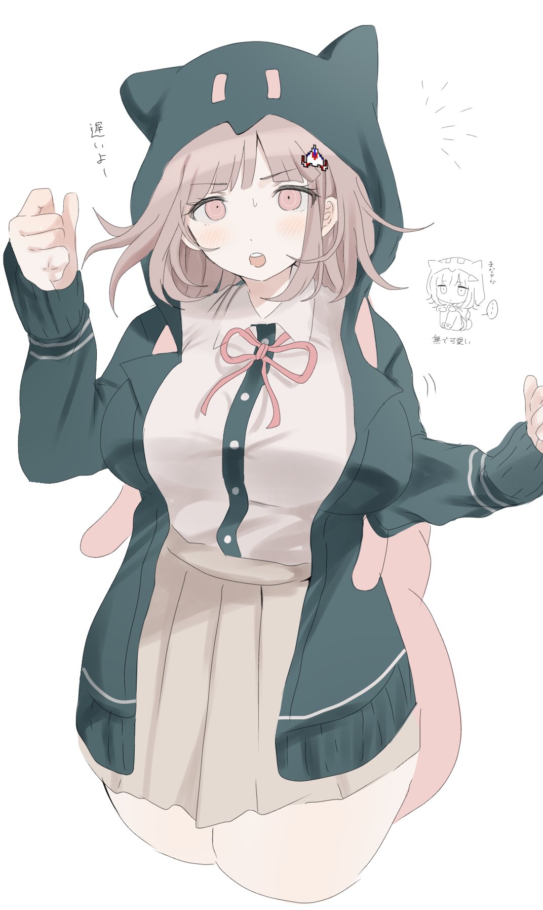 ikemen'na ore-shi, nanami chiaki, danganronpa (series), danganronpa 2: goodbye despair, highres, 1girl, :o, breasts, brown hair, collared shirt, flipped hair, hair ornament, hood, jacket, long sleeves, looking at viewer, medium hair, neck ribbon, open clothes, open jacket, pink eyes, pink ribbon, pleated skirt, ribbon, shirt, skirt, solo, thighhighs, white shirt