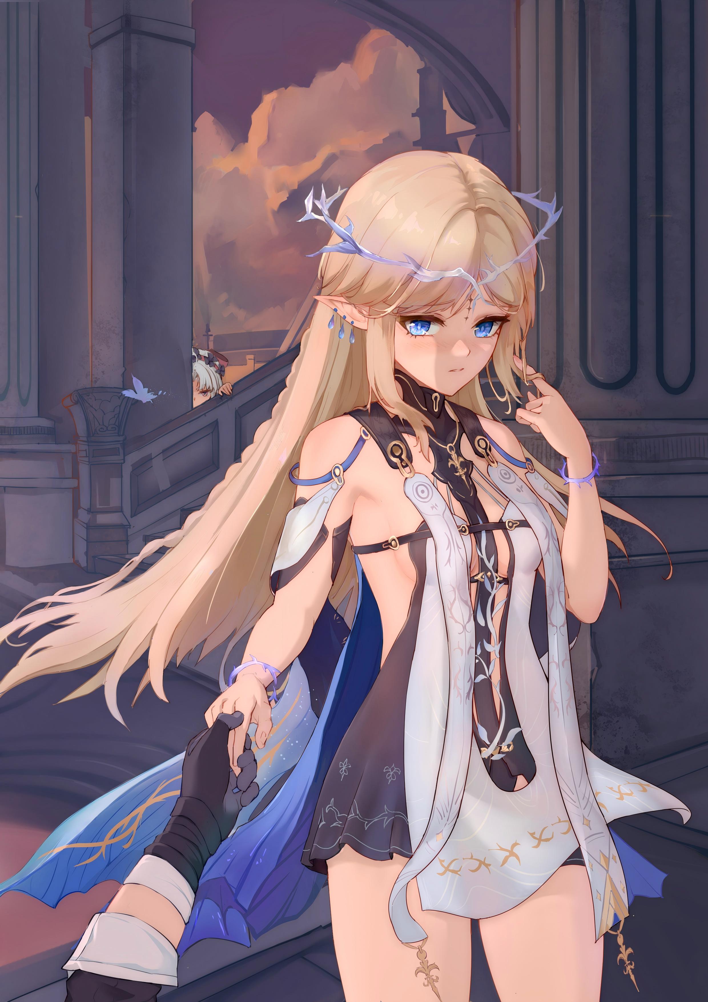 603dekuankuan, carlotta (wuthering waves), cartethyia (wuthering waves), male rover (wuthering waves), rover (wuthering waves), wuthering waves, absurdres, commentary request, highres, 1boy, 2girls, bare shoulders, black dress, black gloves, blonde hair, blue eyes, blush, breasts, crown of thorns, dress, earrings, gloves, hand up, jewelry, long hair, looking at viewer, multiple earrings, multiple girls, necklace, parted bangs, parted lips, peeking out, pointy ears, pov, pov hands, sidelocks, small breasts, solo focus, tabard, tacet mark (wuthering waves), thighs, twirling hair, white tabard