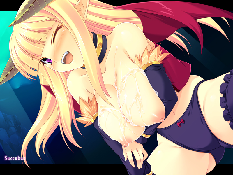 kinoshita ichi, succubus (ragnarok online), ragnarok online, 1girl, blonde hair, blunt bangs, blush, bow, bow panties, breasts, collarbone, cum, cum on body, cum on breasts, cum on upper body, demon girl, detached sleeves, fangs, female focus, horns, large breasts, nipples, one eye closed, open mouth, panties, pointy ears, purple eyes, smile, solo, spread legs, thighhighs, topless female, underwear, underwear only, wings, wink