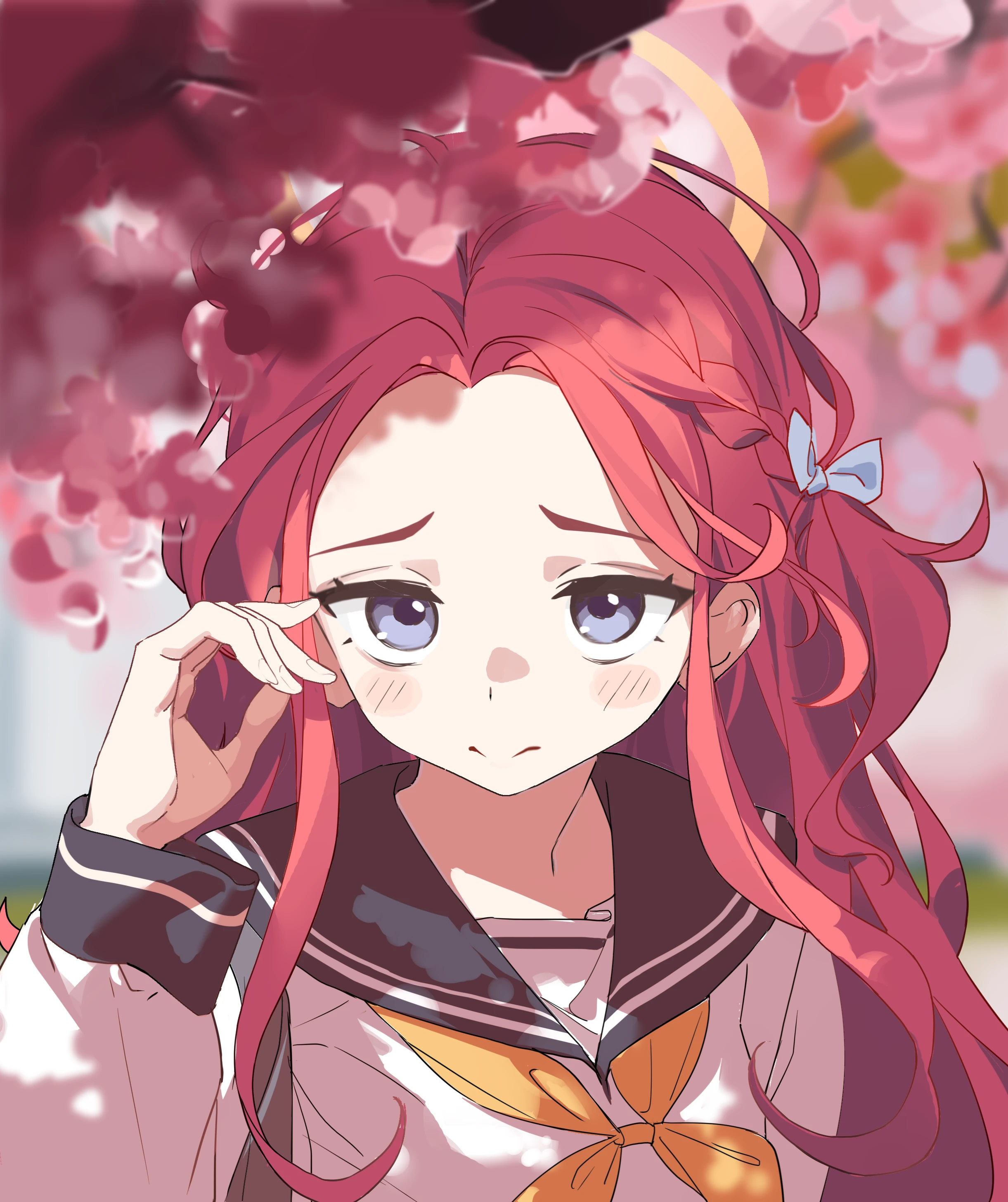 2t (vmyz7342), yuzu (blue archive), blue archive, absurdres, commentary, highres, symbol-only commentary, 1girl, black sailor collar, blue eyes, blurry, blurry foreground, blush, bow, braid, cherry blossoms, closed mouth, depth of field, forehead, hair bow, halo, hand up, long hair, long sleeves, looking at viewer, neckerchief, red hair, sailor collar, school uniform, serafuku, shirt, solo, upper body, white shirt, yellow halo, yellow neckerchief