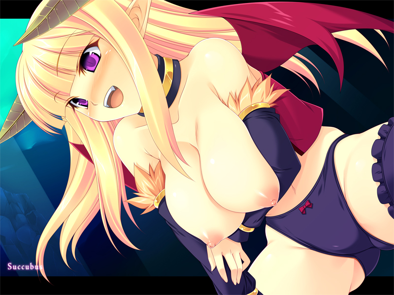 kinoshita ichi, succubus (ragnarok online), ragnarok online, topless, lossy-lossless, 1girl, blonde hair, blush, breasts, demon girl, detached sleeves, fangs, horns, large breasts, panties, pointy ears, purple eyes, smile, solo, spread legs, thighhighs, underwear, underwear only, wings