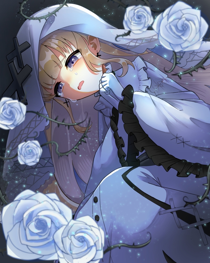 hikami meruru, mahou shoujo no majo saiban, 1girl, blonde hair, cross ornament, flower, frilled sleeves, frills, gloves, grey hair, hime cut, long hair, magical girl, plant, rose, tears, thorns, user haxg8857, veil, vines, white flower, white gloves, white rose
