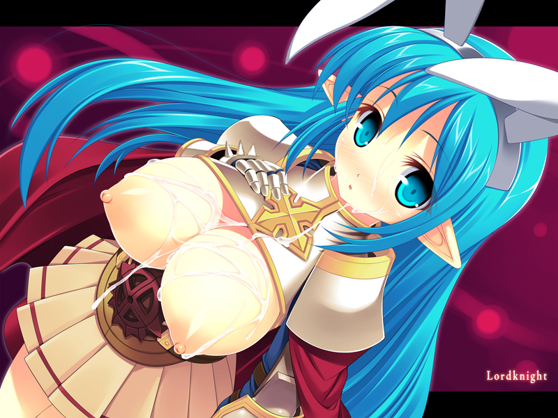 kinoshita ichi, lord knight (ragnarok online), ragnarok online, 1girl, animal ears, armor, blue eyes, blue hair, blush, breasts, cum, cum on body, cum on breasts, cum on upper body, facial, female focus, gauntlets, large breasts, long hair, matching hair/eyes, nipples, pointy ears, rabbit ears, skirt, solo