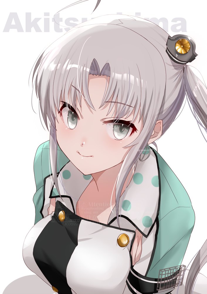 kimura shiki, akitsushima (kancolle), kantai collection, 1girl, ahoge, armpit cutout, breasts, character name, closed mouth, clothing cutout, from above, green shirt, grey eyes, grey hair, hat, long hair, looking at viewer, medium breasts, mini hat, one-hour drawing challenge, shirt, side ponytail, sidelocks, simple background, smile, solo, upper body, watermark, white background