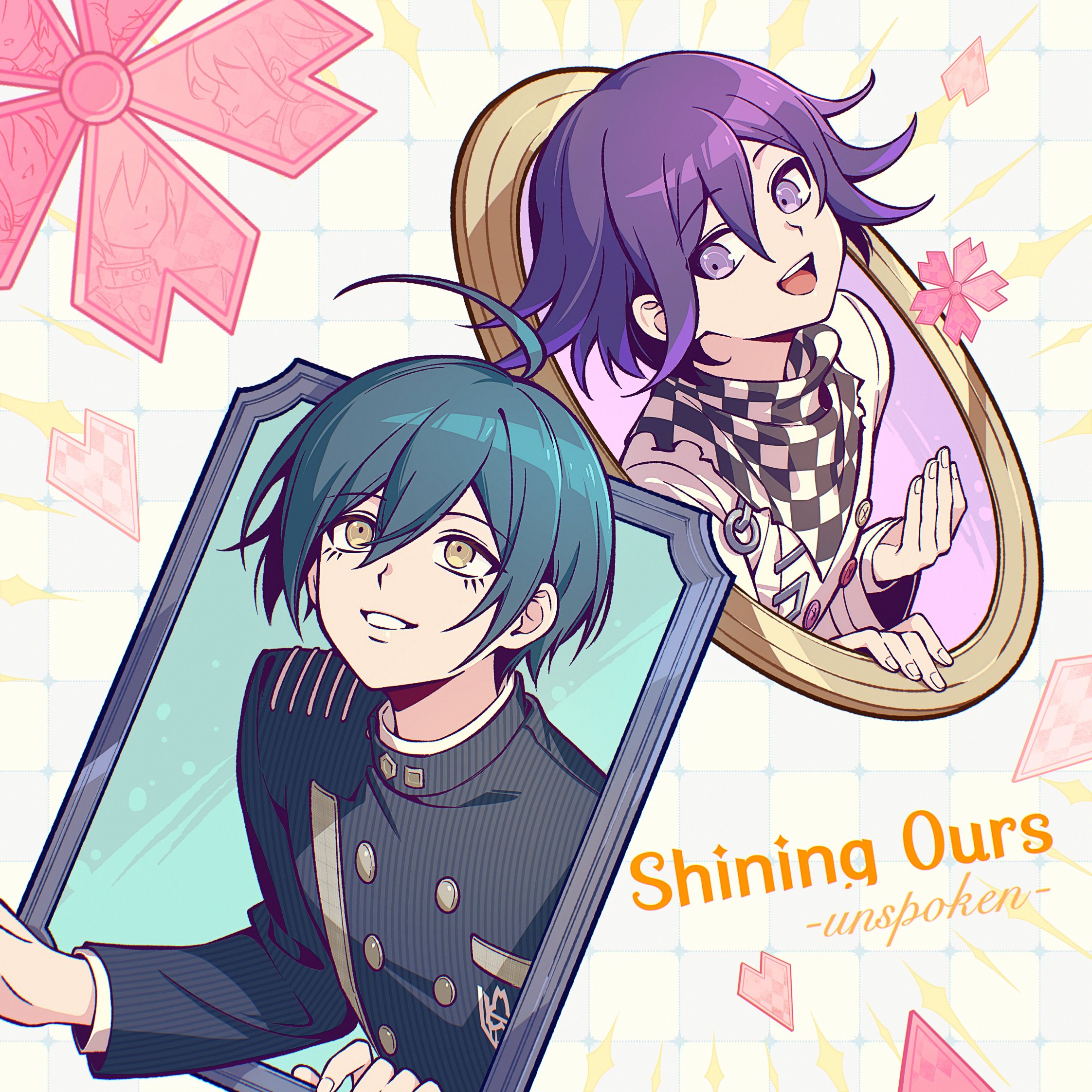 ewa (seraphhuiyu), oma kokichi, saihara shuichi, danganronpa (series), danganronpa v3: killing harmony, highres, 2boys, ahoge, black hair, green hair, hair between eyes, jacket, long sleeves, male focus, multiple boys, pink hair, purple hair, short hair, smile, upper body