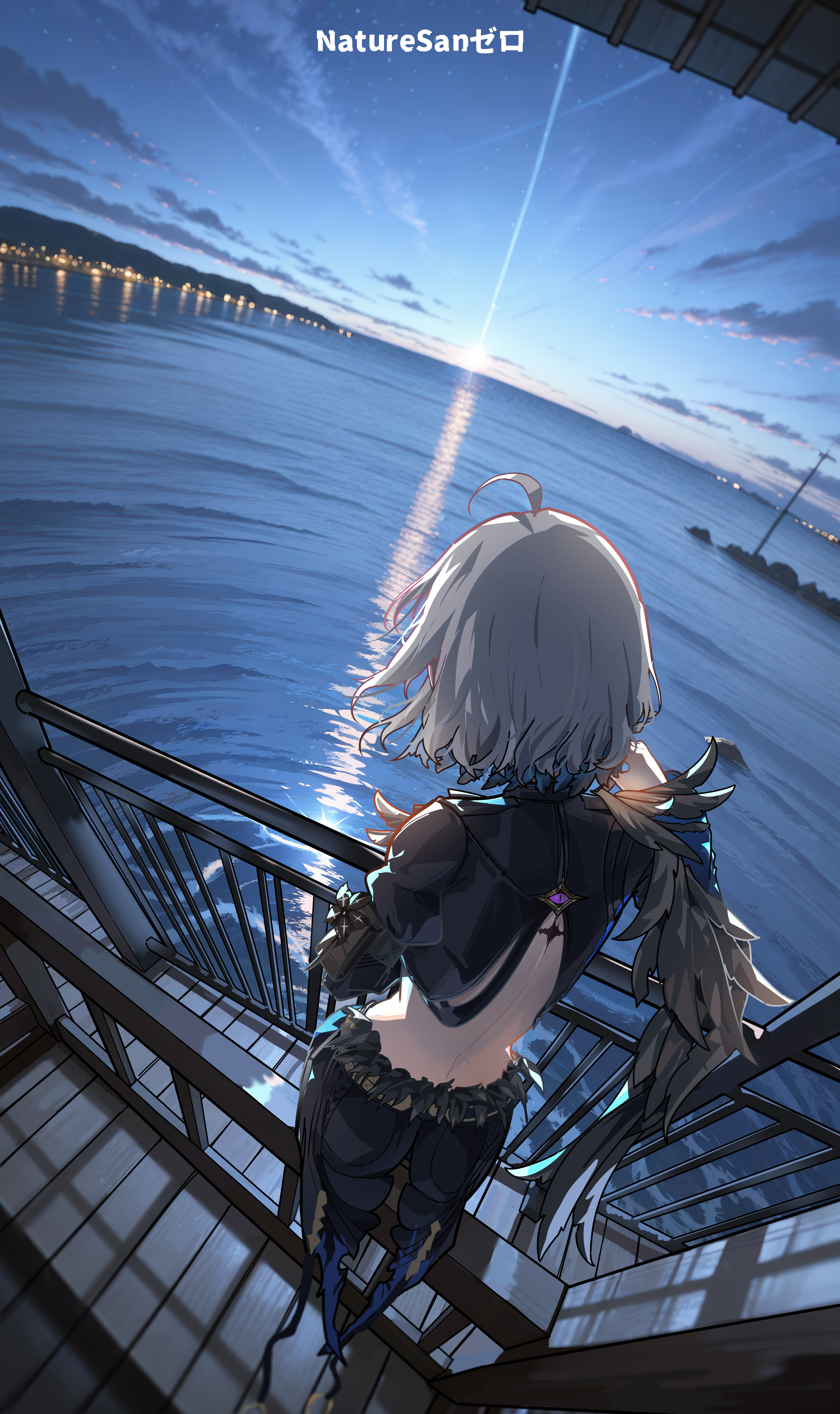 ryeon (naturesan), galbrena (wuthering waves), wuthering waves, absurdres, commentary, english commentary, highres, revision, 1girl, ahoge, artist name, back, black flower, black jacket, black shorts, black wings, blake bloom (wuthering waves), coattails, cropped jacket, feathered wings, flower, from behind, grey hair, hand up, jacket, median furrow, medium hair, ocean, photo background, shorts, single wing, sitting, solo, sunrise, tacet mark (wuthering waves), wings