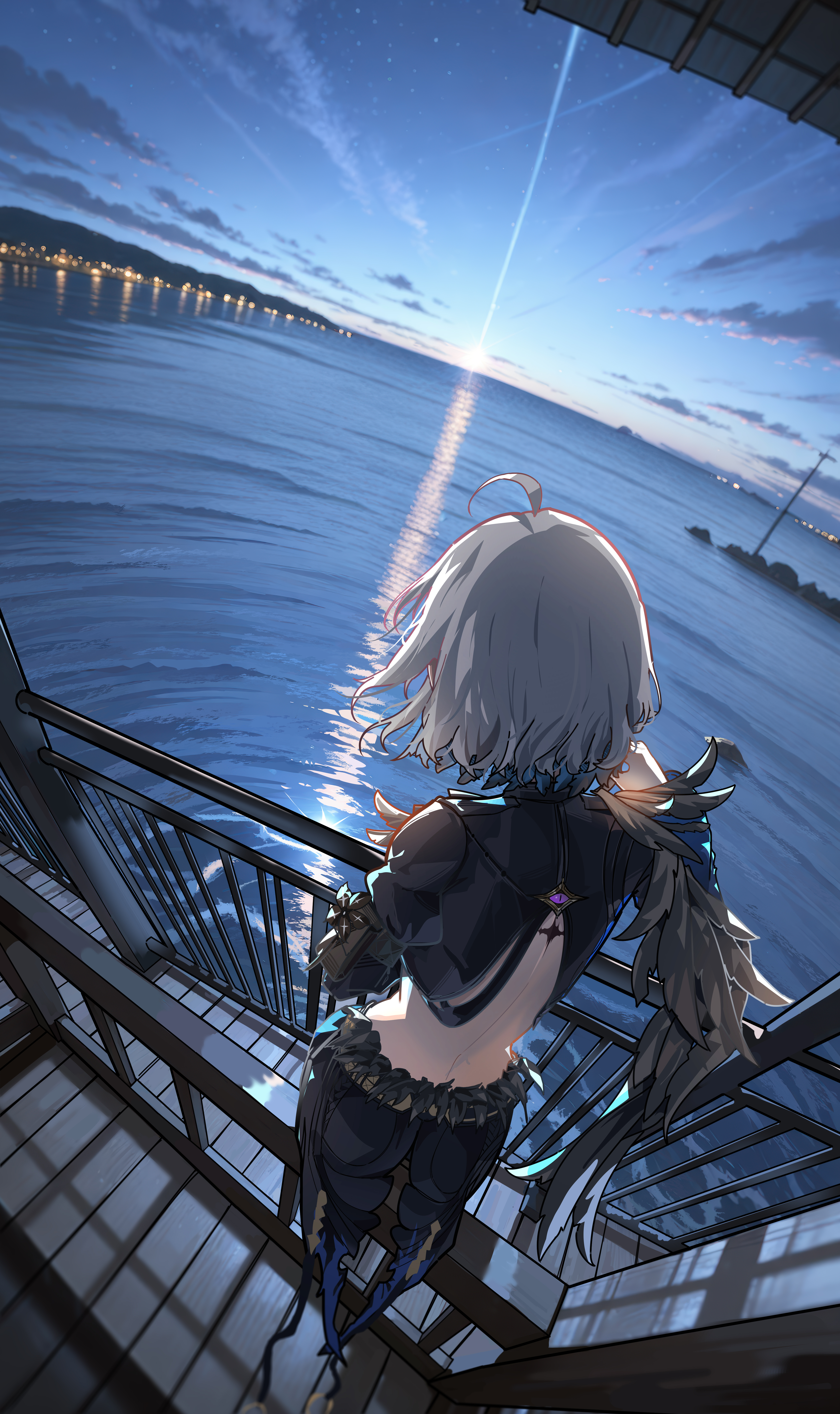 ryeon (naturesan), galbrena (wuthering waves), wuthering waves, absurdres, commentary, english commentary, highres, revision, 1girl, ahoge, back, black flower, black jacket, black shorts, black wings, blake bloom (wuthering waves), coattails, cropped jacket, feathered wings, flower, from behind, grey hair, hand up, jacket, median furrow, medium hair, ocean, photo background, shorts, single wing, sitting, solo, sunrise, tacet mark (wuthering waves), wings