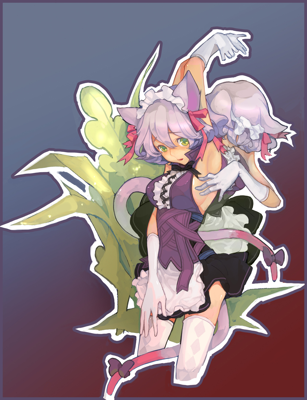 serenade (sinohi), argyle legwear, light purple hair, bad id, bad pixiv id, highres, 2girls, animal ears, argyle clothes, armpits, arms up, between legs, bow, breasts, cat ears, cat tail, elbow gloves, gloves, green eyes, lace, maid, multiple girls, purple hair, ribbon, skirt, tail, tail between legs, thighhighs, zettai ryouiki