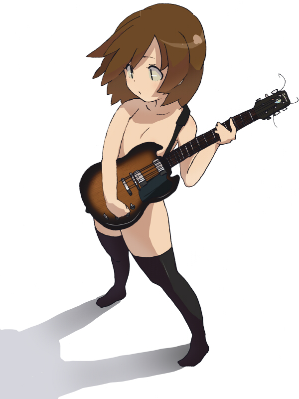 pu-chin, hirasawa yui, gibson sg, k-on!, 00s, 1girl, black thighhighs, brown hair, electric guitar, female focus, flat chest, guitar, instrument, nude, short hair, simple background, solo, thighhighs, white background
