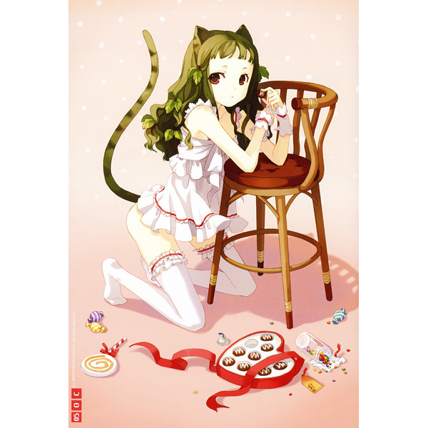 h2so4, original, animal ears, brown hair, candy, cat ears, cat tail, chair, chocolate, dress, food, frilled thighhighs, frills, heart, legs, lingerie, long hair, nightgown, red eyes, skirt, solo, tail, thighhighs, underwear, white thighhighs, zettai ryouiki