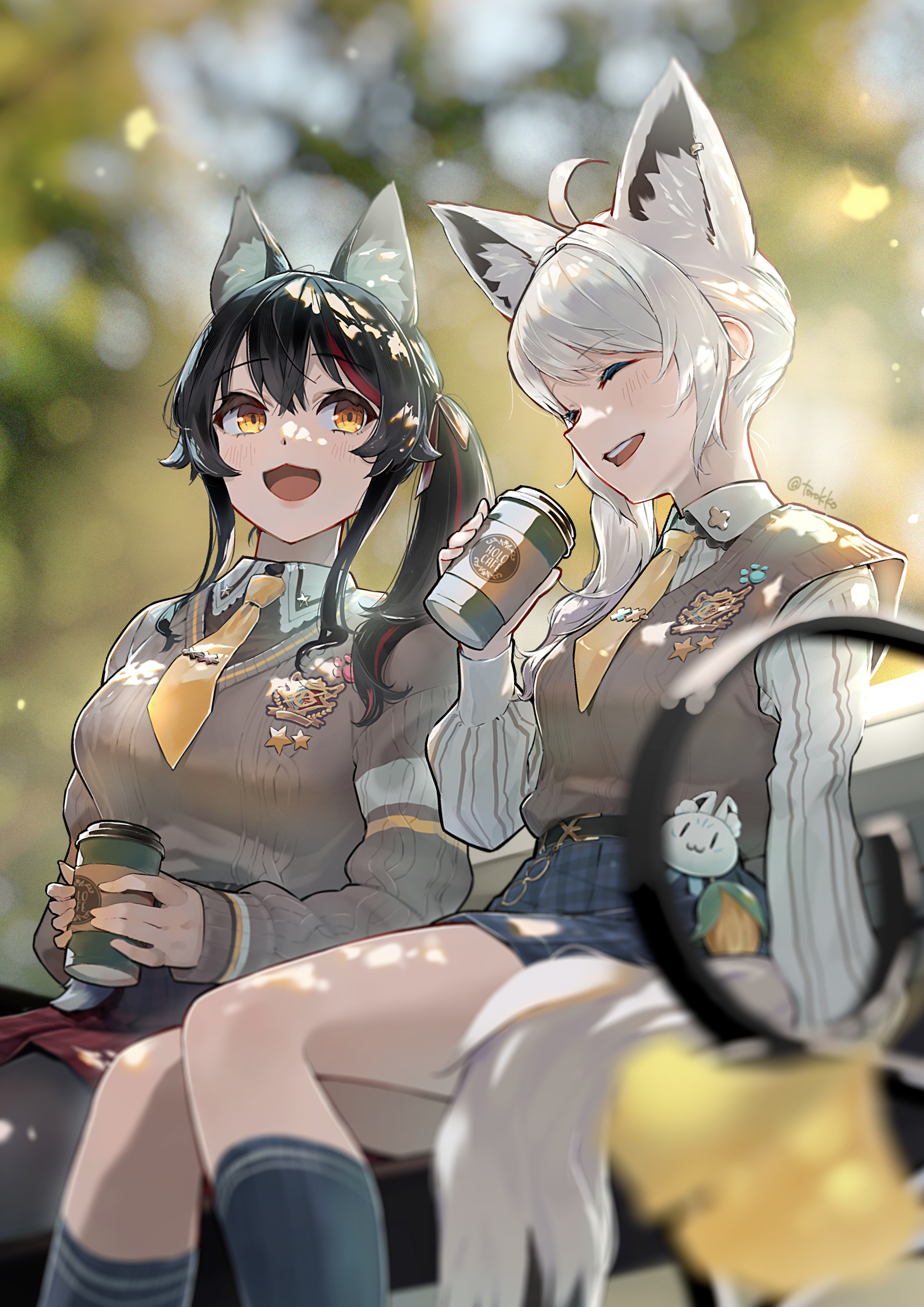 torokko, ookami mio, ookami mio (10th costume), shirakami fubuki, shirakami fubuki (11th costume), hololive, absurdres, commentary request, highres, 2girls, :d, ahoge, animal ear fluff, animal ear piercing, animal ears, aran sweater, black hair, black pantyhose, blue skirt, blue socks, blurry, blurry background, brown sweater, brown sweater vest, brown vest, cable knit, closed eyes, collared shirt, cup, day, depth of field, disposable coffee cup, disposable cup, fox ears, fox girl, holding, holding cup, kneehighs, long hair, long sleeves, looking at another, multicolored hair, multiple girls, necktie, official alternate costume, official alternate hairstyle, open mouth, outdoors, pantyhose, plaid clothes, plaid skirt, red hair, red skirt, shirt, short necktie, side ponytail, sidelocks, sitting, skirt, smile, socks, streaked hair, sweater, sweater tucked in, sweater vest, vest, virtual youtuber, white hair, white shirt, wolf ears, wolf girl, yellow eyes, yellow necktie
