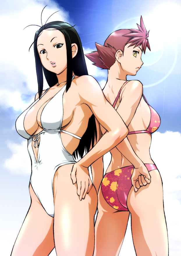 ueyama michirou, asakura ami, quincy wang, tsumanuda fight town, highleg swimsuit, 2girls, ass, back-to-back, bikini, black eyes, black hair, breasts, cleavage, cloud, day, hand on own hip, highleg, hip focus, large breasts, lipstick, long hair, looking back, makeup, multiple girls, one-piece swimsuit, print bikini, red hair, short hair, sideboob, swimsuit, tsumanuda kakutoumachi, white one-piece swimsuit, yellow eyes