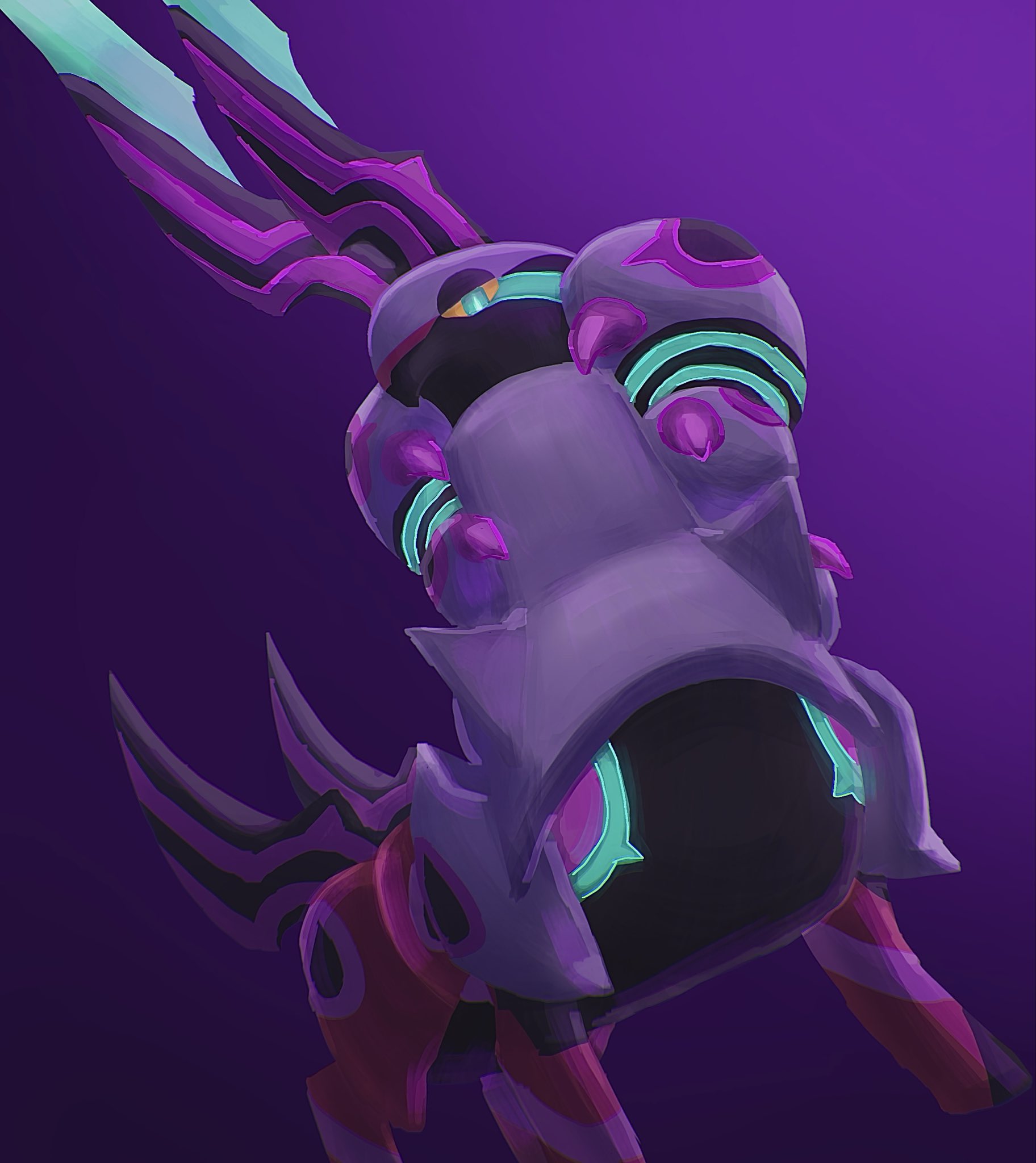 mega scolipede, scolipede, nintendo, pokemon, highres, aqua eyes, aqua trim, armor, bug, centipede, colored sclera, colored skin, gen 5 pokemon, horns, mega pokemon, multicolored skin, multiple tails, no humans, pokemon (creature), pokemon focus, purple background, purple skin, red skin, sue1374s, tail, two-tone skin, two tails, yellow sclera