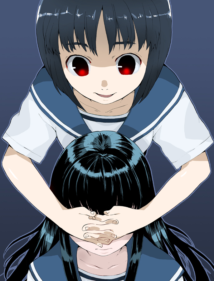 kari (kakko k), original, bad id, bad pixiv id, 2girls, black hair, blue hair, covering another's eyes, covering face, covering own eyes, covering privates, hand on another's face, long hair, multiple girls, perspective, red eyes, school uniform, serafuku, short hair