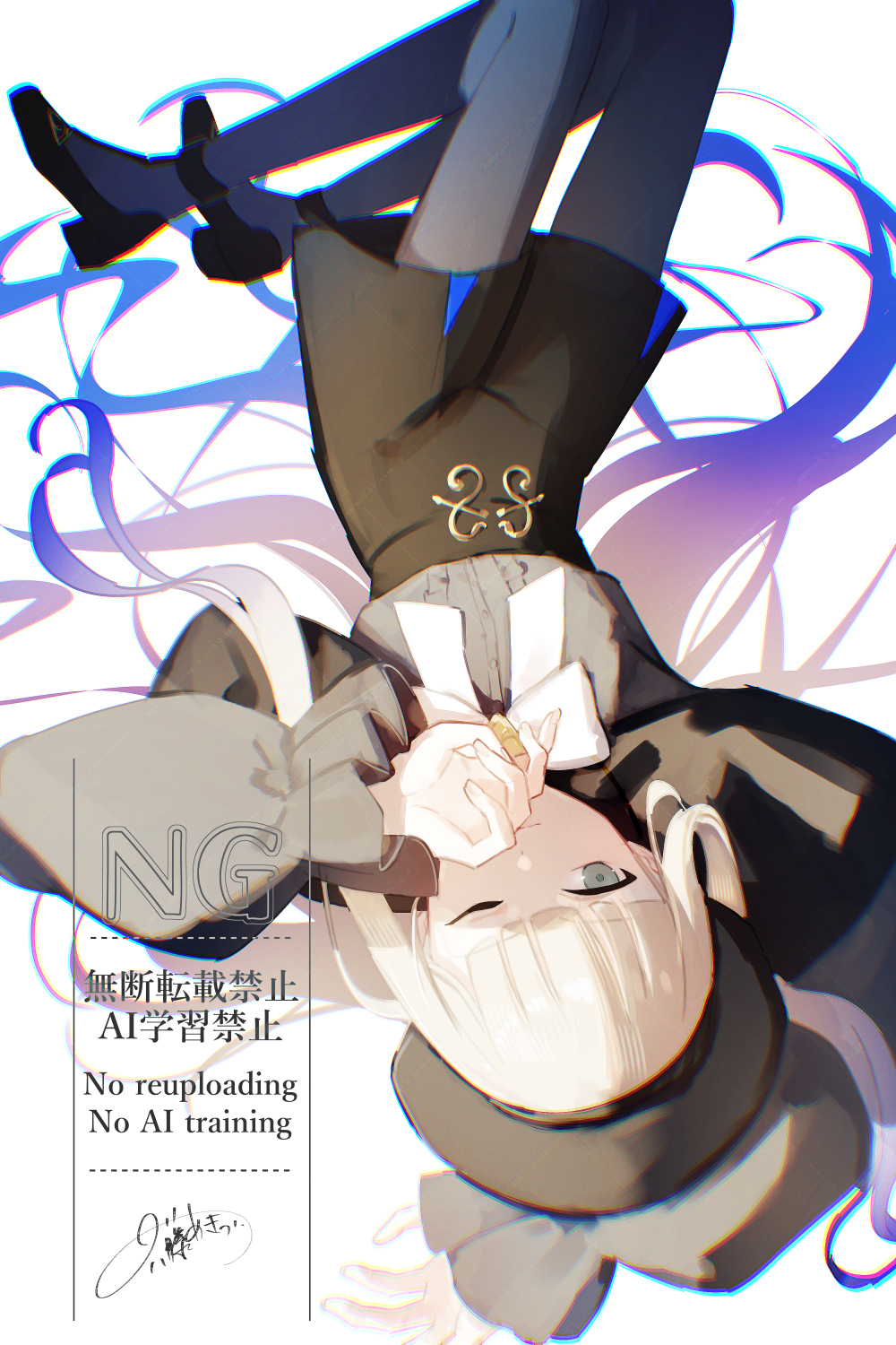 rokufuji m, fate/grand order, fate (series), highres, 1boy, beret, black capelet, black hat, black shorts, blonde hair, blue hair, bow, bowtie, capelet, gradient hair, green eyes, grey pantyhose, grey shirt, hat, hat feather, high-waist shorts, long hair, long sleeves, looking at viewer, multicolored hair, nemo (fate/grand order arcade), noah (second ascension) (fate/grand order), one eye closed, pantyhose, shirt, shorts, solo, thighs, two-tone hair, upside-down, very long hair