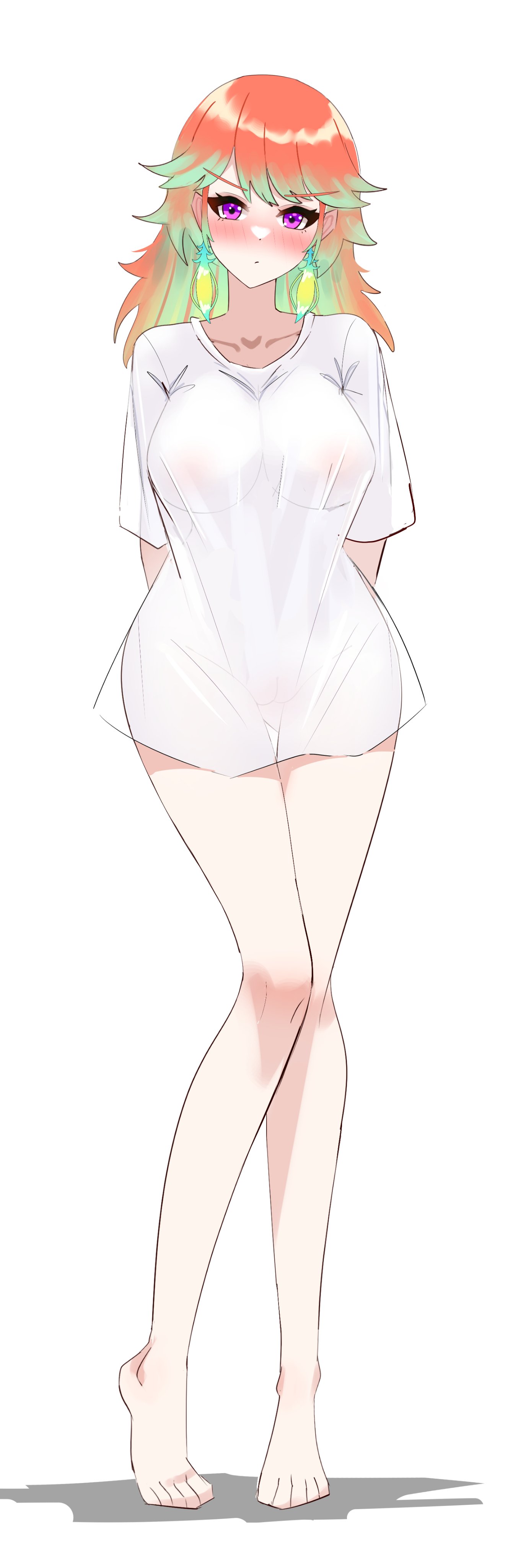 dadangge, takanashi kiara, hololive, hololive english, absurdres, highres, arms behind back, bare legs, blush, breasts, earrings, jewelry, large breasts, looking at viewer, multicolored hair, no bra, no panties, orange hair, purple eyes, see-through clothes, shadow, shirt, toes, white background, white shirt