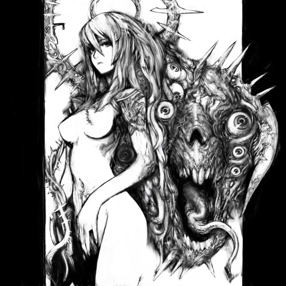 pon (pixiv12747), pon (tab rasa), original, 1girl, barbed wire, breasts, cleavage, female focus, greyscale, long hair, monochrome, monster, nude, scar, solo, tattoo