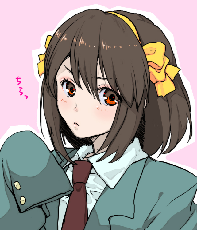 kari (kakko k), suzumiya haruhi, suzumiya haruhi no yuuutsu, bad id, bad pixiv id, 00s, blazer, brown hair, crossdressing, crossdressing (ftm), hair ribbon, jacket, necktie, orange eyes, ribbon, short hair, solo