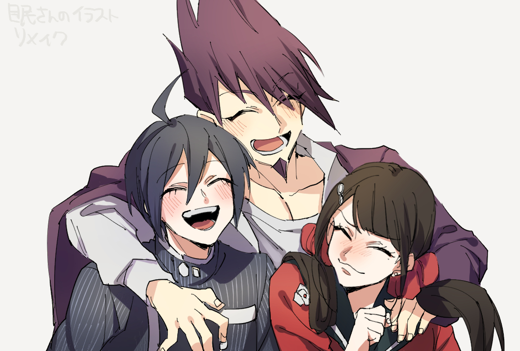 sunabu, harukawa maki, momota kaito, saihara shuichi, danganronpa (series), danganronpa v3: killing harmony, commentary request, 1girl, 2boys, ahoge, arm around shoulder, black hair, black jacket, black sailor collar, blunt bangs, blush, brown hair, closed eyes, collarbone, collared jacket, facial hair, goatee, hair between eyes, hair ornament, hair scrunchie, happy, height difference, jacket, long hair, long sleeves, low twintails, mole, mole under eye, multiple boys, open clothes, open mouth, pinstripe jacket, pinstripe pattern, purple facial hair, purple hair, red scrunchie, red shirt, sailor collar, school uniform, scrunchie, shirt, short hair, simple background, smile, spiked hair, striped clothes, twintails, upper body