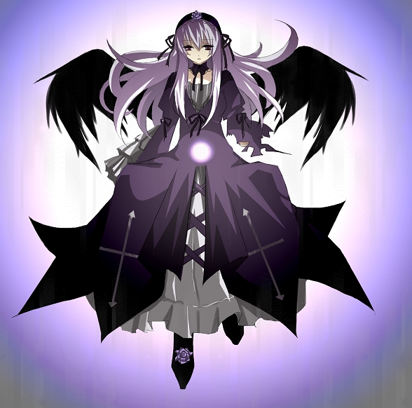 shi, shii (niku-9), shii (pixiv), suigintou, rozen maiden, bad id, bad pixiv id, 00s, 1girl, angel, dress, female focus, flower, gothic lolita, injury, lolita fashion, long hair, rose, solo, white hair, wings