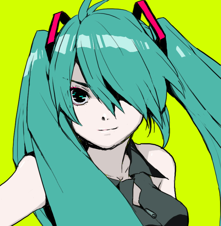 kari (kakko k), hatsune miku, vocaloid, bad id, bad pixiv id, aqua hair, hair over one eye, solo, twintails