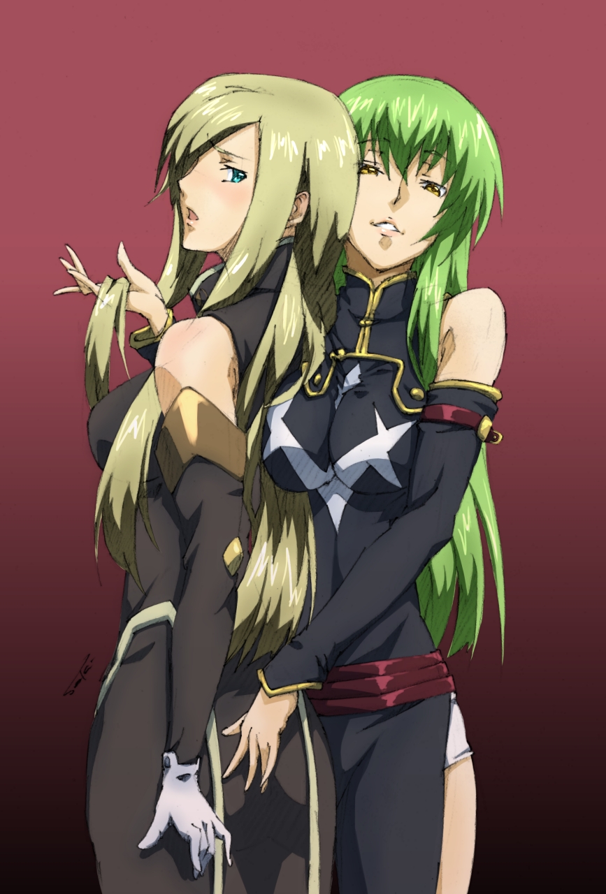 himemura saki, c.c., tear grants, yukana, code geass, tales of (series), tales of the abyss, highres, 00s, 2girls, bare shoulders, blue eyes, blush, breasts, brown hair, crossover, green hair, holding, holding own hair, large breasts, long hair, multiple girls, voice actor connection, yellow eyes, yuri