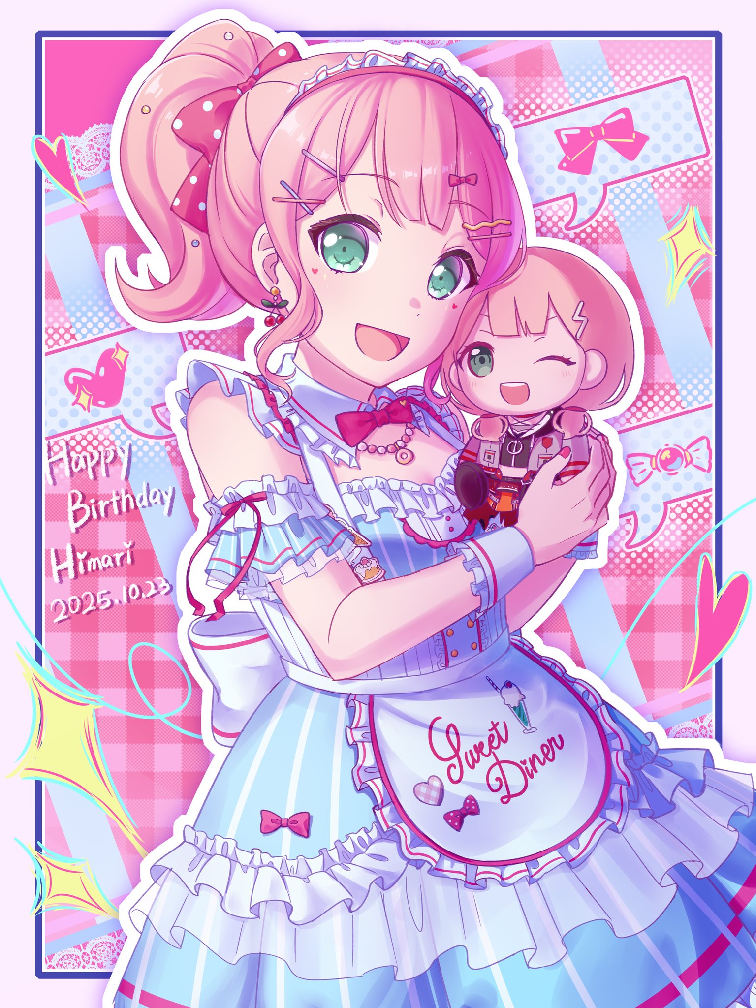 gorilla-chan (axpdxsyc0222), uehara himari, bang dream!, highres, 1girl, :d, ;d, apron, bare shoulders, blue dress, bow, candy, dated, dress, earrings, food, food-themed earrings, frilled dress, frills, green eyes, hair bow, hair ornament, happy birthday, heart, holding, holding stuffed toy, jewelry, looking at viewer, maid headdress, one eye closed, open mouth, pink bow, pink hair, ponytail, smile, solo, stuffed animal, stuffed toy, upper body, white apron, x hair ornament