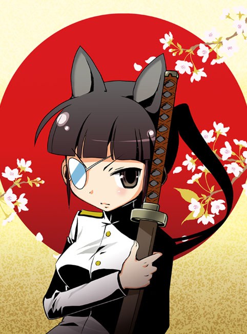 igaiga, sakamoto mio, strike witches, world witches series, 00s, 1girl, animal ears, cat ears, eyepatch, female focus, ponytail, sheath, sheathed, solo, sword, weapon