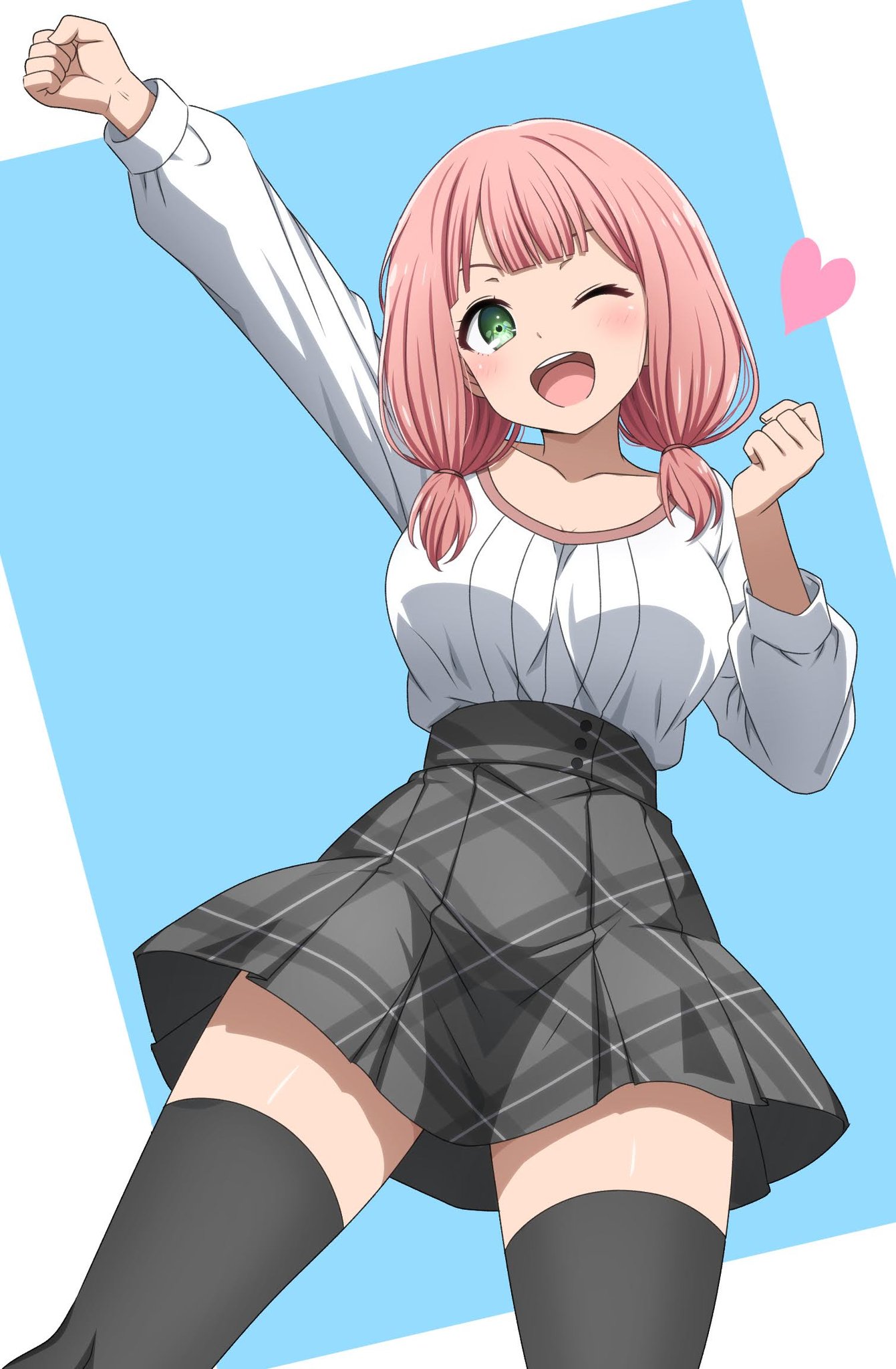 noshimurin, uehara himari, bang dream!, highres, 1girl, ;d, black thighhighs, breasts, colored skin, green eyes, grey skin, hand up, heart, large breasts, long sleeves, medium hair, one eye closed, open mouth, pink hair, pleated skirt, shirt, skirt, smile, solo, teeth, thighhighs, twintails, upper body, upper teeth only, white shirt