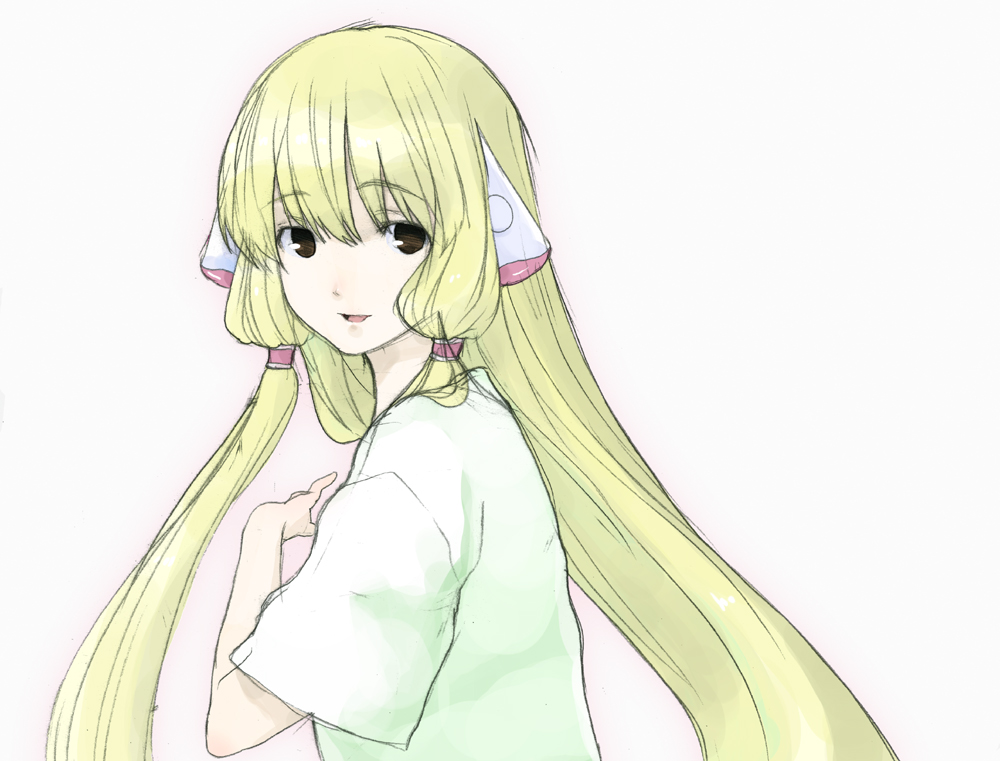 kari (kakko k), chii, chobits, bad id, bad pixiv id, 00s, blonde hair, brown eyes, long hair, robot ears, shirt, solo, t-shirt, very long hair