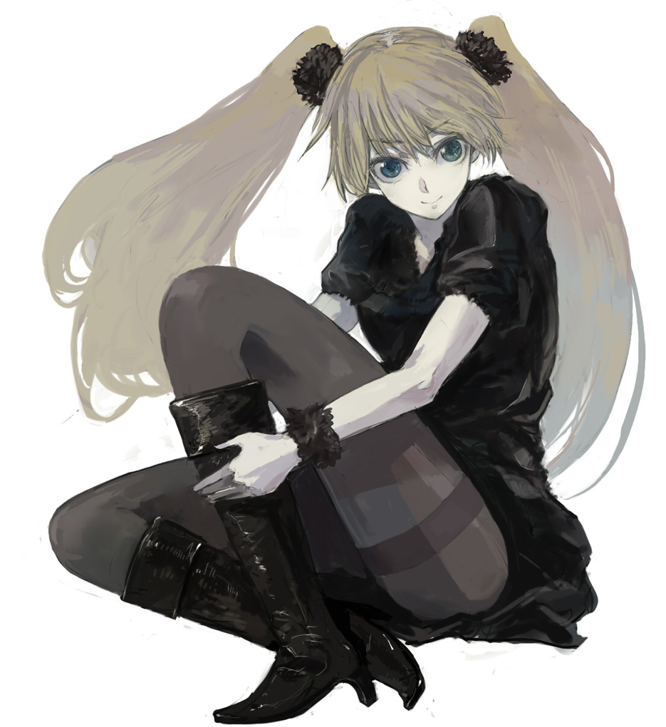 shrimpman, original, 1girl, blonde hair, boots, dress, female focus, green eyes, hair ornament, long hair, pantyhose, smile, solo, thighband pantyhose, twintails