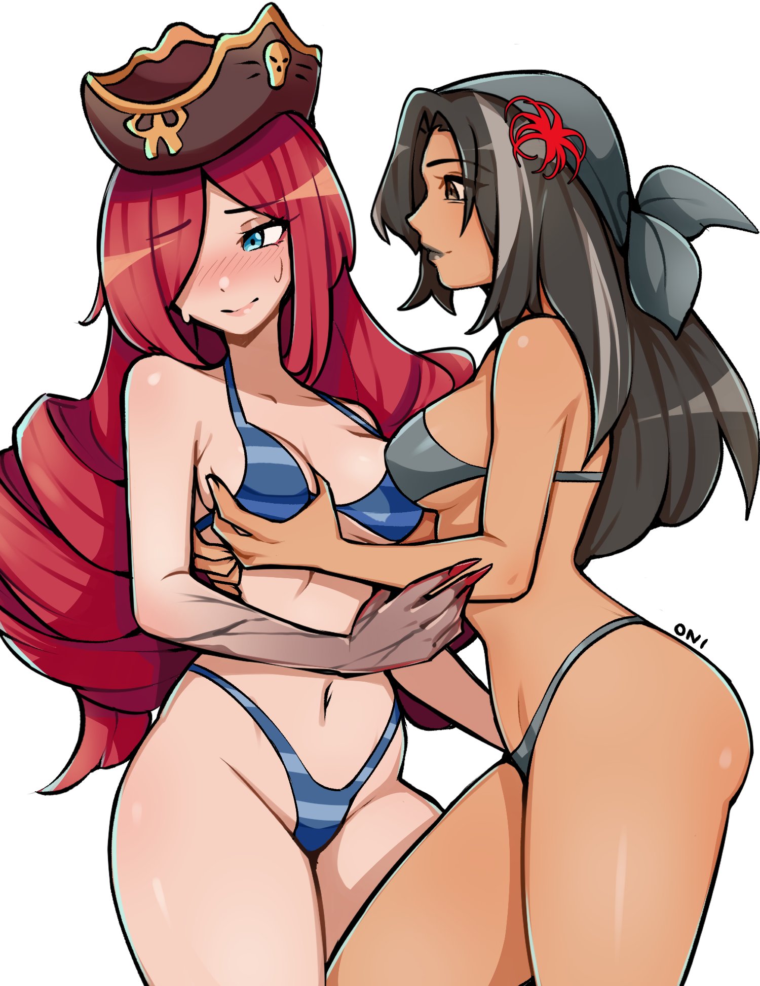oninuer, original, commentary, commission, english commentary, highres, 2girls, averting eyes, bikini, black eyes, black hair, blue bikini, blue eyes, blush, breasts, brown hat, closed mouth, cowboy shot, cracked skin, fingernails, flower, grabbing another's breast, grey bikini, groping, hair flower, hair ornament, hat, highleg, highleg bikini, long fingernails, long hair, looking at another, medium breasts, multiple girls, navel, parted bangs, red flower, red hair, red nails, simple background, smile, spider lily, striped bikini, striped clothes, swimsuit, white background, yuri