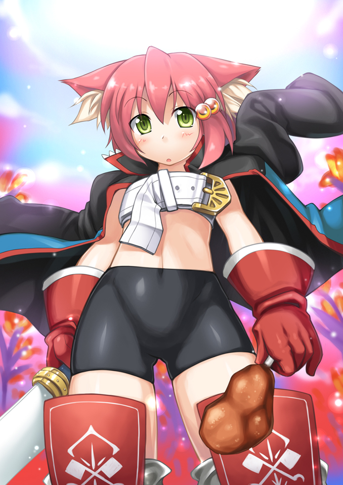 ikujitto, fighter (7th dragon), harukara (7th dragon), 7th dragon, 7th dragon (series), 1girl, animal ears, belt, belt bra, bike shorts, cat ears, female focus, gloves, latex, pink hair, shorts, solo, sword, topless female, weapon, yellow eyes
