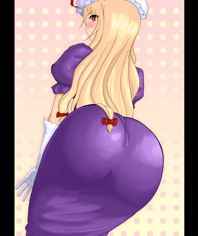 k-dam, yakumo yukari, touhou, 1girl, ass, blonde hair, female focus, hip focus, huge ass, long hair, solo, wide hips
