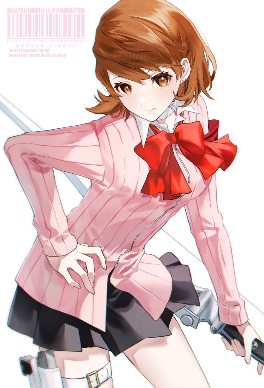tsukitaka, takeba yukari, persona, persona 3, commentary request, highres, 1girl, armband, black skirt, bow, bow (weapon), brown eyes, brown hair, cardigan, choker, closed mouth, cowboy shot, flipped hair, gekkoukan high school uniform, hand on own hip, heart, heart choker, holding, holding bow (weapon), holding weapon, holster, long sleeves, looking at viewer, pink cardigan, pleated skirt, red armband, red bow, ribbed cardigan, s.e.e.s, school uniform, short hair, skirt, smile, solo, thigh holster, weapon, white choker, wing collar