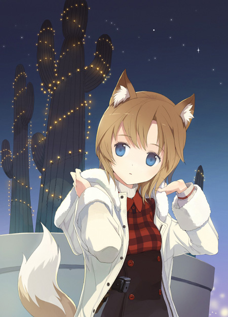 tiv, 1girl, animal ears, blonde hair, blue eyes, cactus, female focus, fox ears, gun, jacket, night, night sky, short hair, sky, solo, star (sky), star (symbol), starry sky, tail, weapon