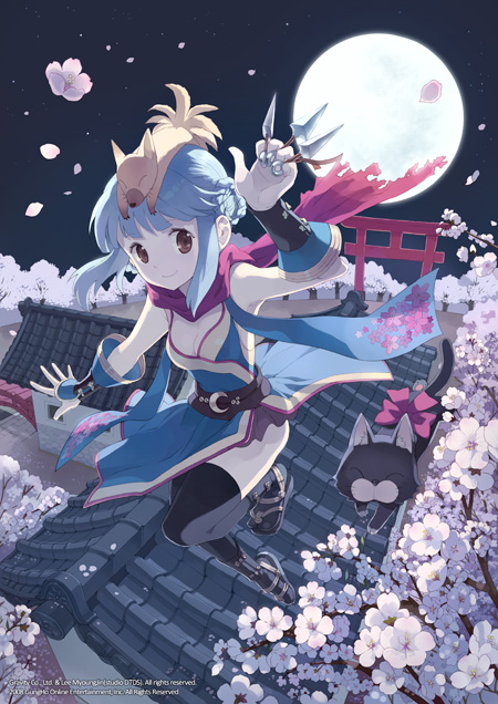 tiv, ninja (ragnarok online), ragnarok online, 1girl, blue hair, breasts, cleavage, female focus, flower, moon, night, night sky, ninja, petals, red eyes, shuriken, sky, small breasts, solo, star (sky), star (symbol), starry sky, thighhighs, weapon
