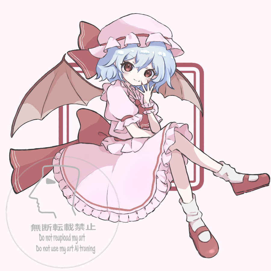 moaixiang59173, remilia scarlet, touhou, commentary, 1girl, ascot, back bow, bat wings, blue hair, blush, bow, cellphone, crossed legs, fingernails, frilled hat, frilled sleeves, frilled wristband, frills, hat, hat ribbon, invisible chair, looking at viewer, mary janes, nail polish, phone, pink hat, pink shirt, pink skirt, puffy short sleeves, puffy sleeves, red ascot, red bow, red eyes, red ribbon, red shoes, ribbon, shirt, shoes, short hair, short sleeves, sitting, skirt, smile, socks, solo, white socks, wings