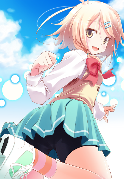 komone ushio, gaku buru, 1girl, bike shorts, blonde hair, blush, cloud, day, female focus, flat chest, hair ornament, hairclip, miniskirt, open mouth, ribbon, school uniform, short hair, skirt, sky, smile, socks, solo, striped clothes, striped socks, upskirt, yellow eyes