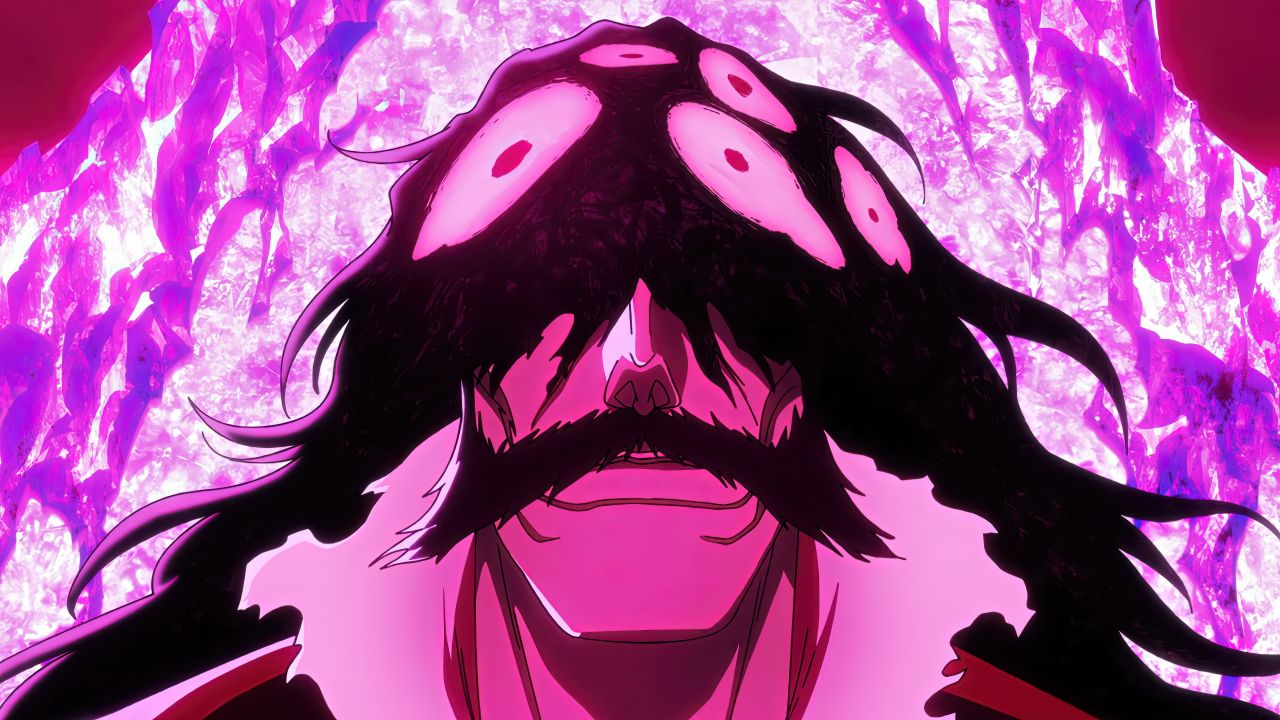 yhwach, bleach, bleach: sennen kessen-hen, tagme, black hair, collar, covered eyes, extra eyes, facial hair, kubo tite (style), long hair, mustache, no eyebrows, nose, old, old man, quincy (bleach), soul king, sternritter, sunken cheeks, thick mustache, wandenreich, wandenreich uniform