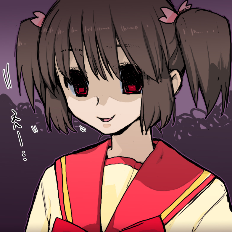 kari (kakko k), yuzuhara konomi, to heart (series), to heart 2, bad id, bad pixiv id, 00s, black hair, empty eyes, hair tie, red eyes, solo, twintails, yandere