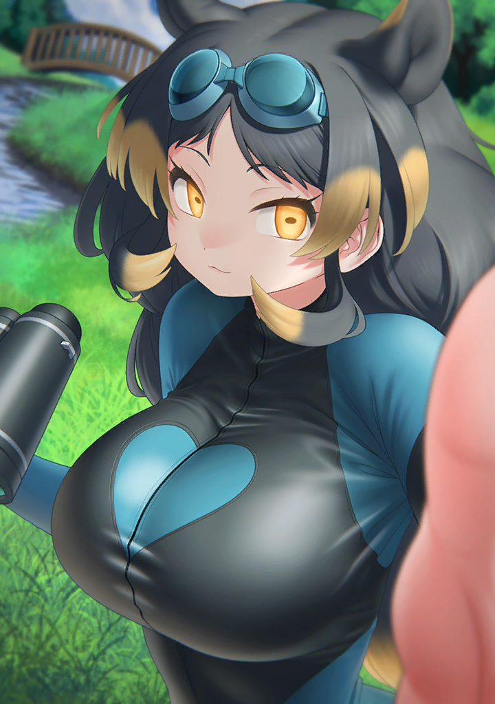 yoshida hideyuki, hippopotamus gorgops (kemono friends), kemono friends, kemono friends 3, official art, alternate breast size (larger), animal ears, binoculars, blonde hair, blue jacket, camera, glowing, glowing eyes, goggles, goggles on head, grey hair, hippopotamus ears, holding, holding binoculars, holding camera, jacket, long hair, long sleeves, looking at viewer, multicolored hair, orange eyes, selfie, sidelocks