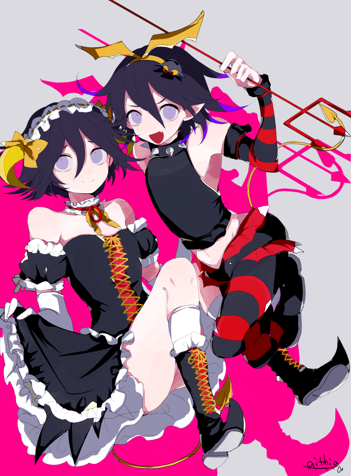 abrtskrg harukk, oma kokichi, danganronpa (series), danganronpa v3: killing harmony, pretty panties akuma rin (vocaloid), commentary request, highres, 2boys, bare shoulders, black dress, black hair, boots, clothes lift, collar, crossdressing, crossdressing (mtf), demon boy, demon tail, detached collar, detached sleeves, dress, dress lift, elbow gloves, fang, flipped hair, floating, frilled dress, frilled hairband, frills, gloves, grey background, hair between eyes, hairband, halloween costume, holding, holding pitchfork, knee boots, lace-up boots, light smile, lolita fashion, looking at viewer, male focus, multiple boys, navel, open mouth, pitchfork, pointy ears, purple eyes, purple hair, shirt, short hair, signature, silhouette, skin fang, sleeveless, sleeveless shirt, smile, spiked collar, spikes, tail, trap, white gloves, yellow hairband