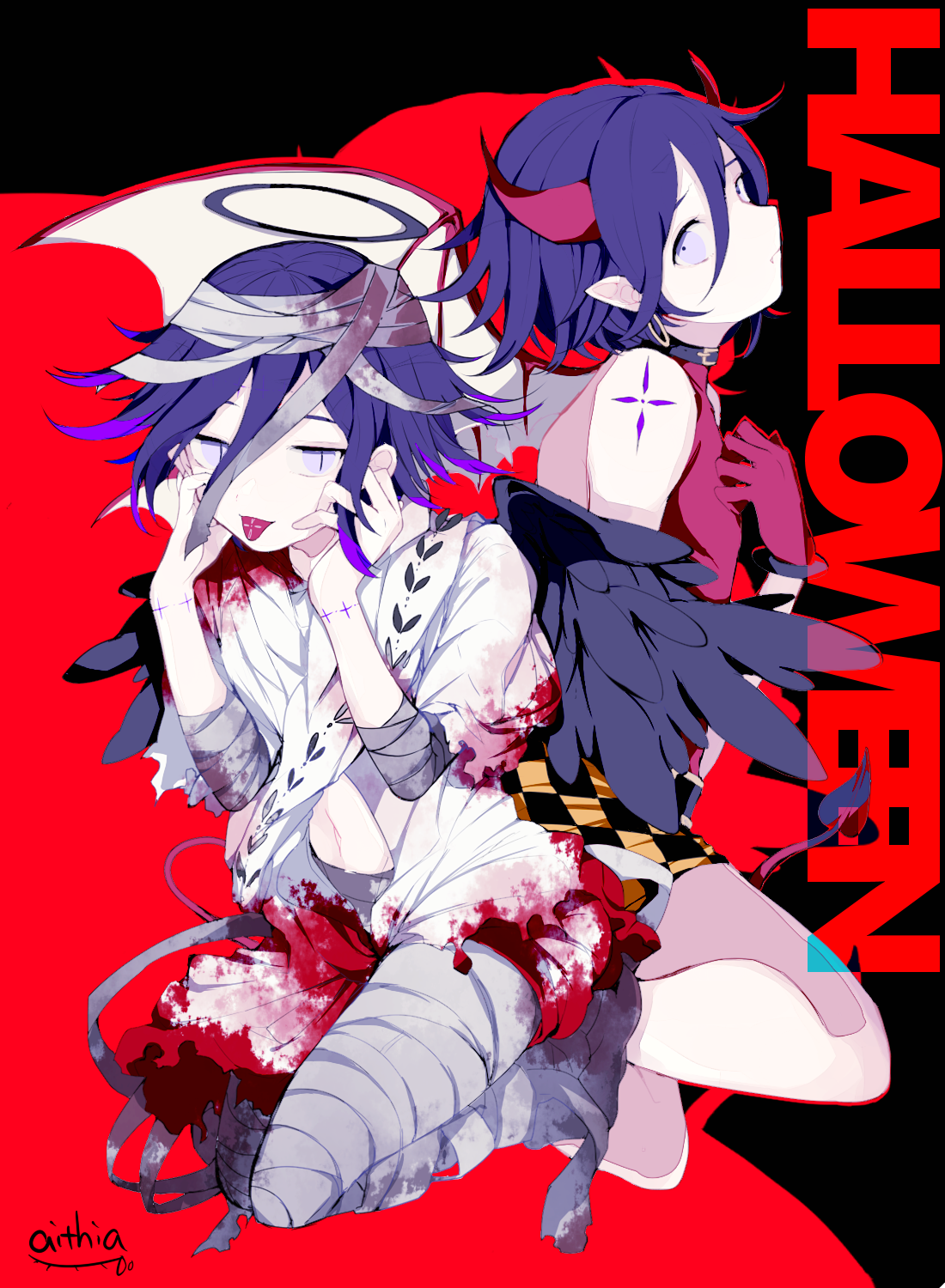 abrtskrg harukk, oma kokichi, danganronpa (series), danganronpa v3: killing harmony, commentary request, highres, 2boys, alternate costume, angel and devil, bandaged head, bandaged leg, bandages, black halo, black wings, blood, blood on clothes, blood stain, demon boy, demon horns, demon tail, demon wings, earrings, english text, fallen angel, flipped hair, gloves, hair between eyes, halloween, halloween costume, halo, hoop earrings, horns, jewelry, looking at viewer, male focus, multiple boys, pointy ears, purple eyes, purple hair, red gloves, shirt, short hair, shorts, signature, sleeveless, sleeveless shirt, slit pupils, tail, tongue, tongue out, wings